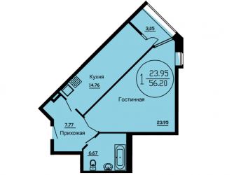 Однокомнатная квартира 56.2 м²