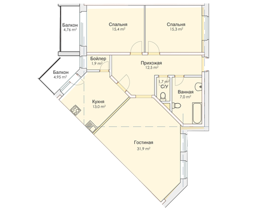 Трёхкомнатная квартира 101.61 м²