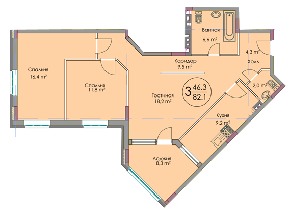 Трёхкомнатная квартира 82.1 м²